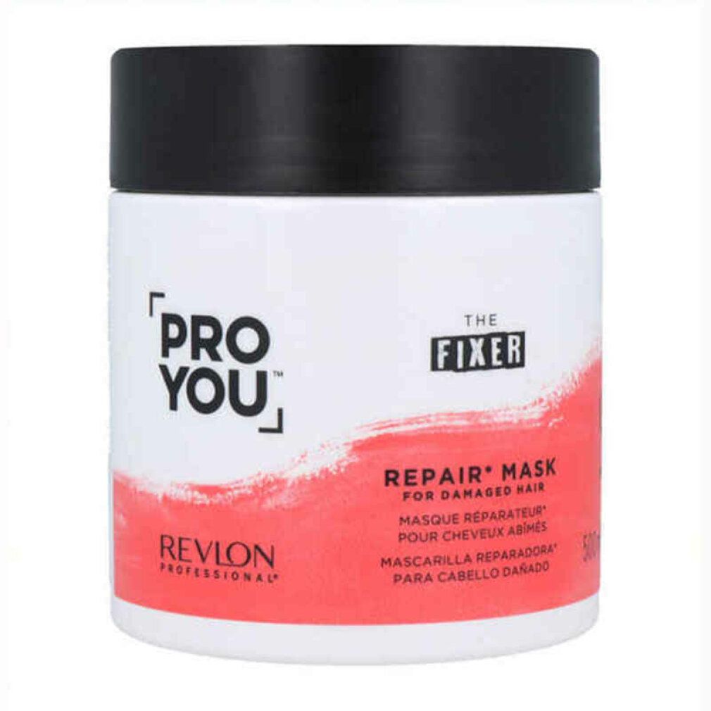 Vaso bianco con coperchio nero. Scritte: PRO YOU, THE FIXER, REPAIR MASK, REVLON. Sfumatura di colore rosso.