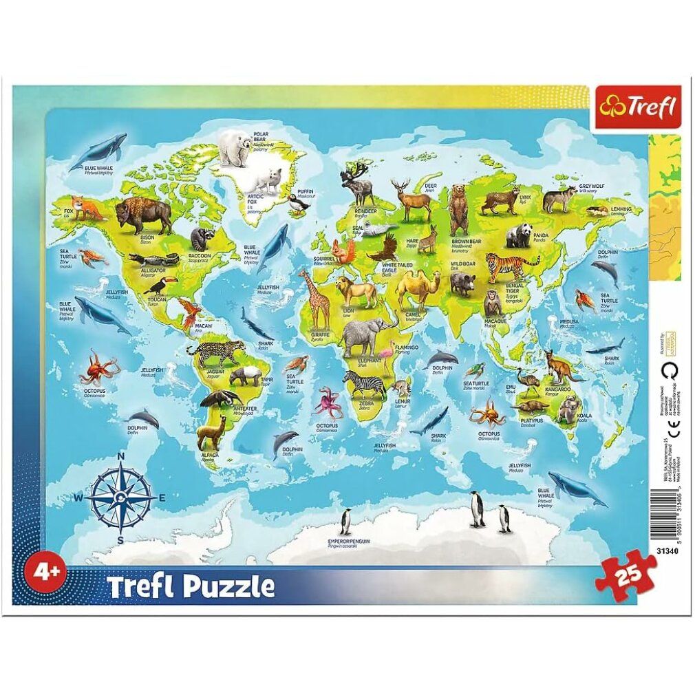 trefl Puzzle mappa del mondo con animali 25 pezzi