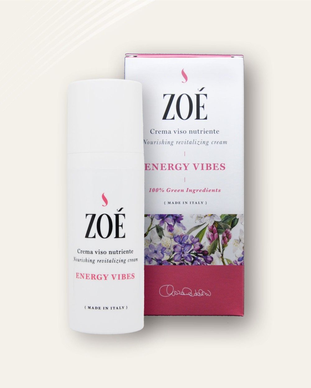 Flacone bianco e scatola con testo: ZOE, ENERGY VIBES, Crema viso nutriente, 100% Green Ingredients, Made in Italy.