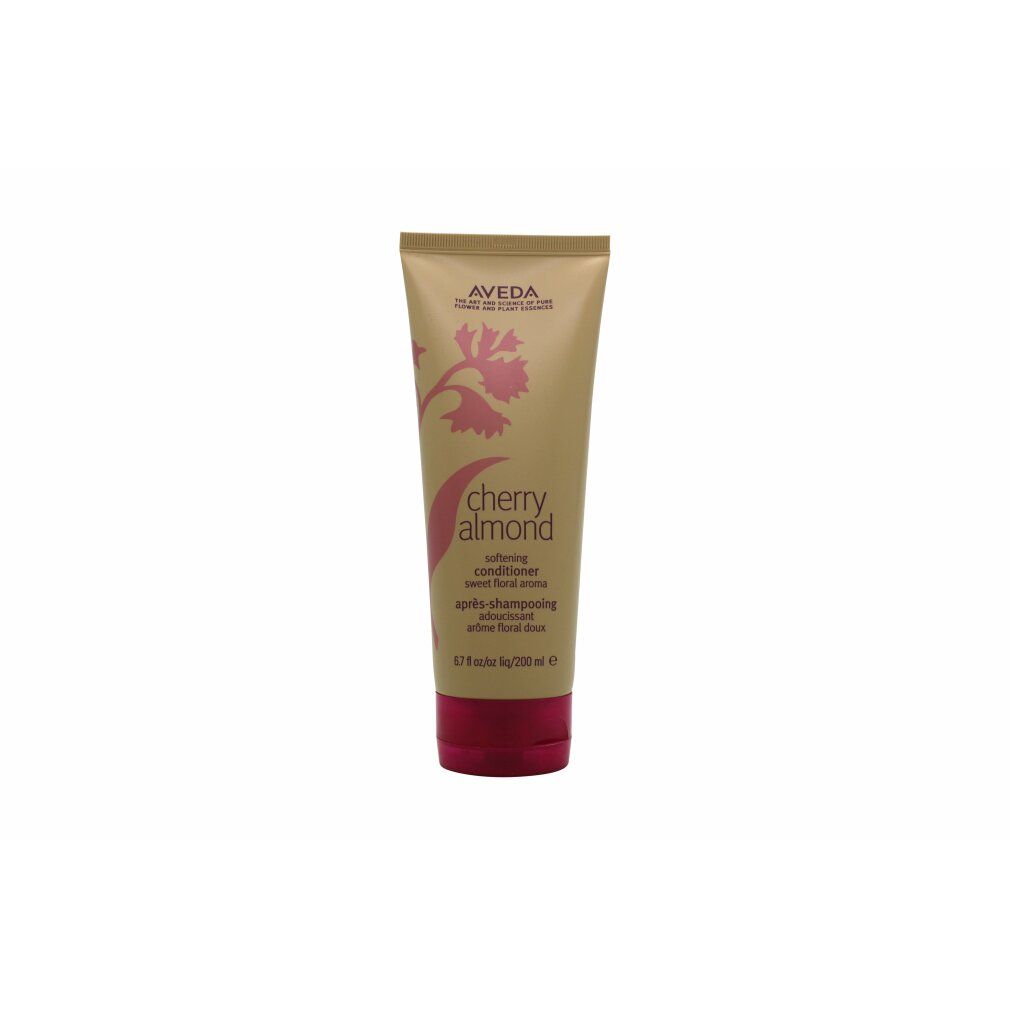 Tubo beige con tappo bordeaux. Scritta: Aveda, Cherry Almond, Softening Conditioner. Design floreale rosa.
