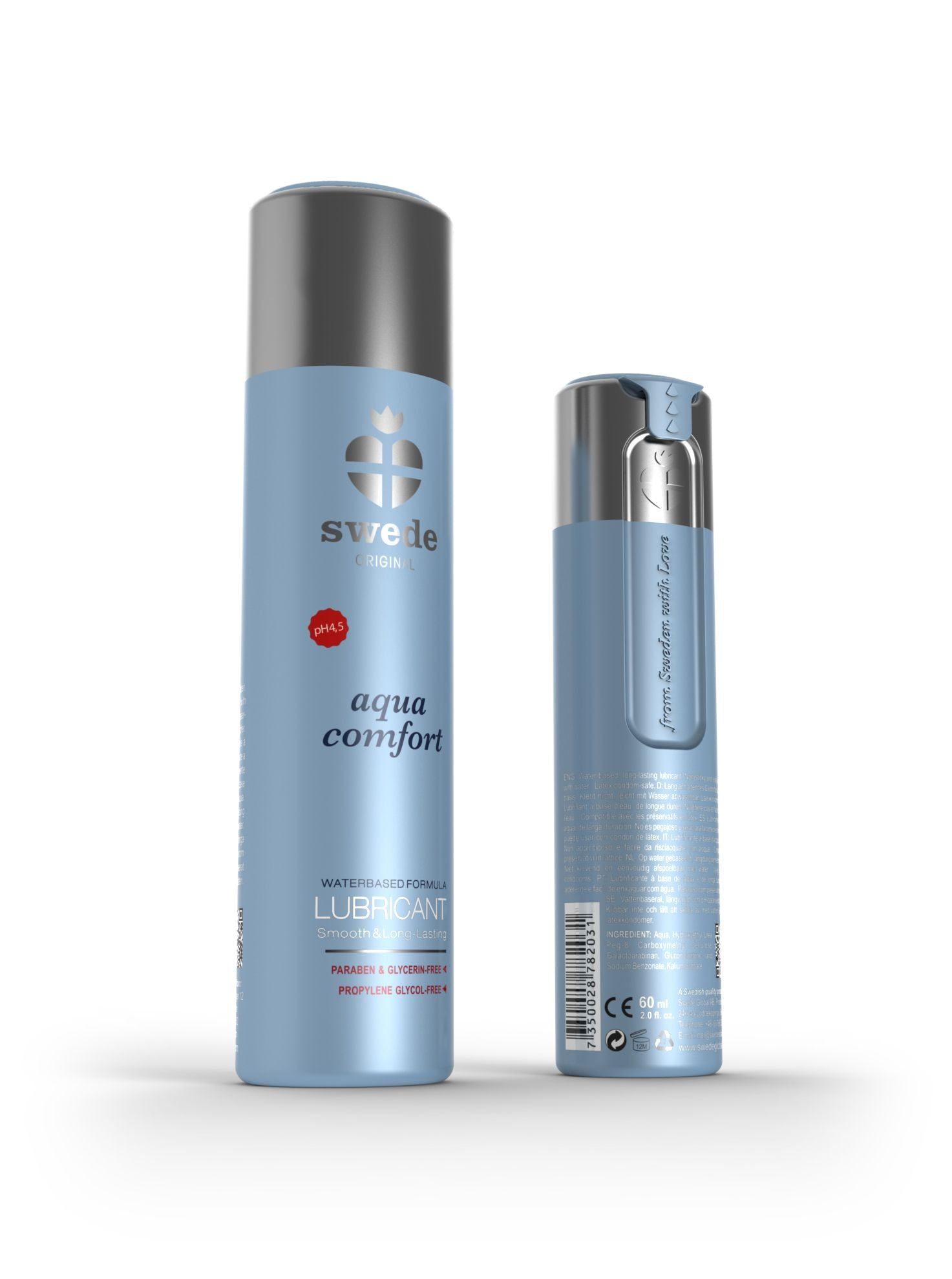 Due flaconi. Uno azzurro con tappo argentato, l'altro più piccolo. Scritta: aqua comfort, LUBRICANT. Marchio Swede.