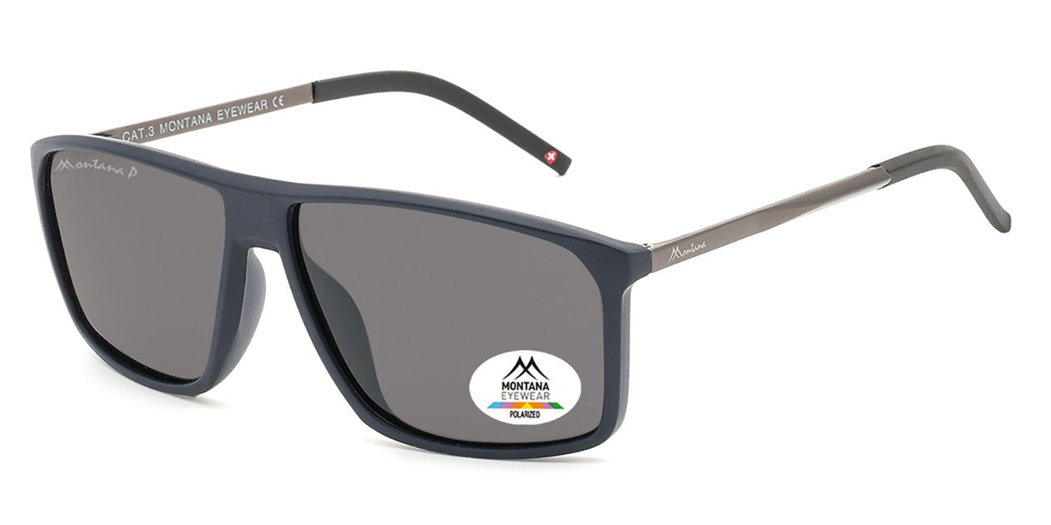 Occhiali da sole blu scuro con lenti grigie. Logo Montana Eyewear e adesivo polarizzato. Aste in metallo.
