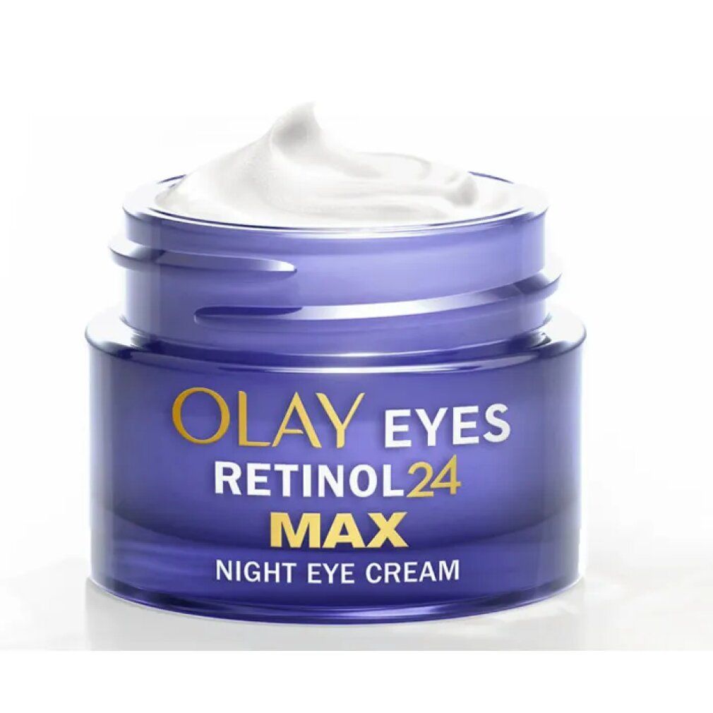 Vasetto di crema blu aperto con crema bianca. Scritta: Olay Eyes Retinol 24 Max Night Eye Cream.