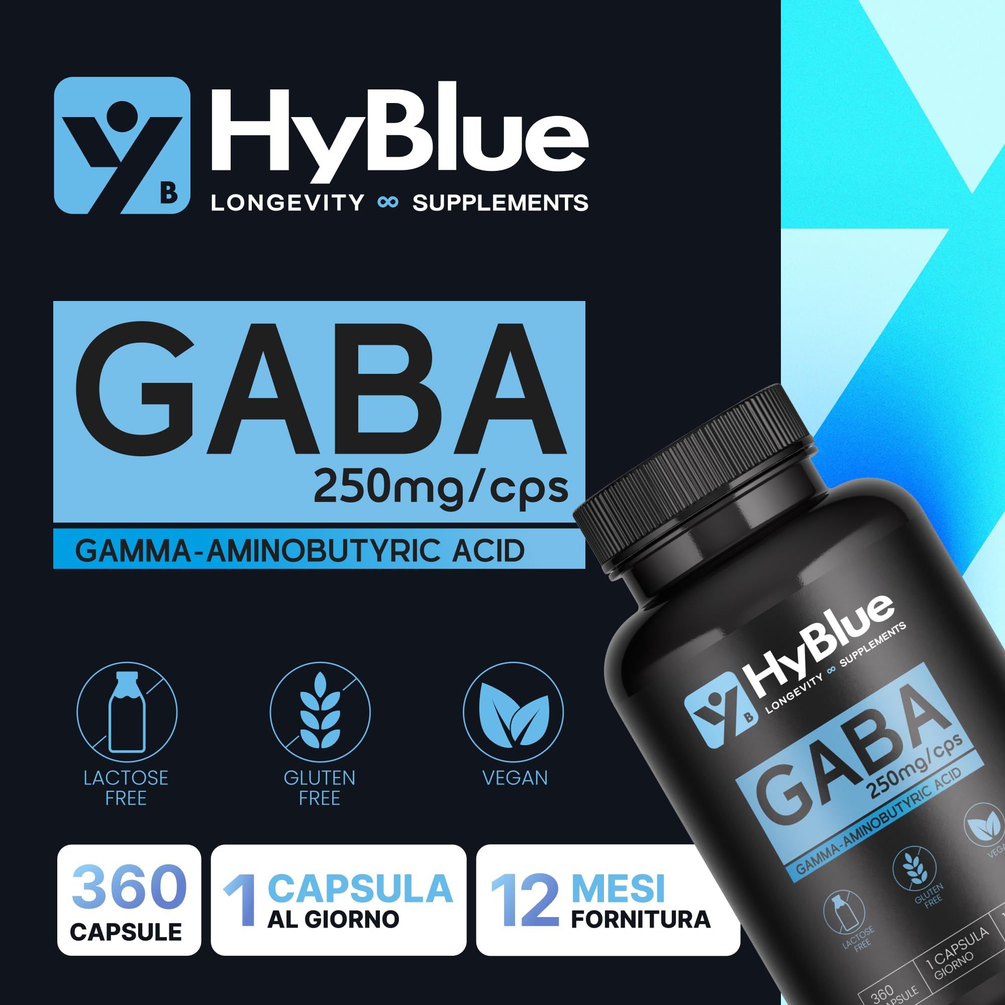 Flacone nero HyBlue GABA 250mg/cps, acido gamma-aminobutirrico. Contiene 360 capsule.