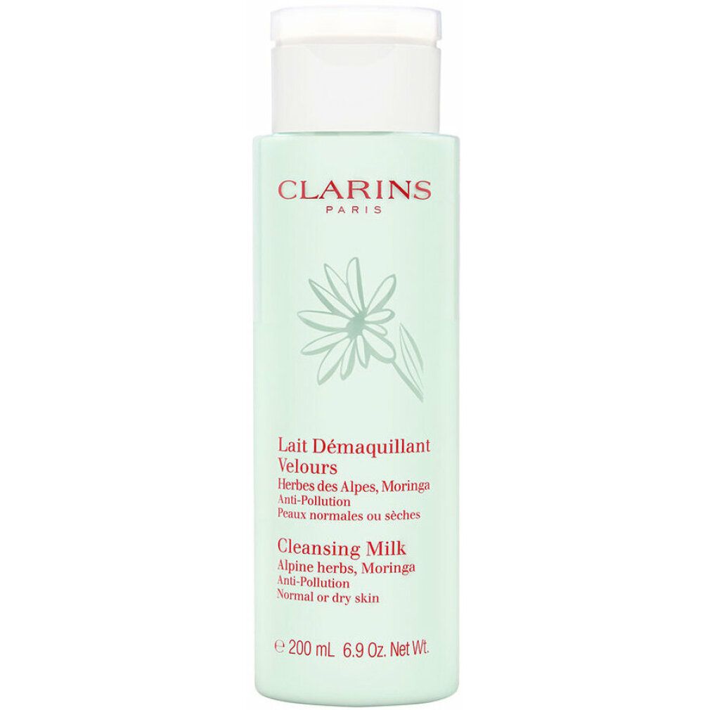 Flacone verde chiaro con tappo a ribalta. Scritta: Clarins Paris, Lait Démaquillant Velours, Cleansing Milk. 200 ml.