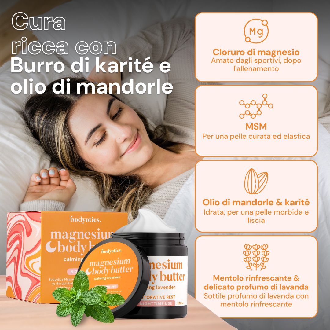 Bodyotics Magnesium Body Butter, delicato profumo di lavanda.
