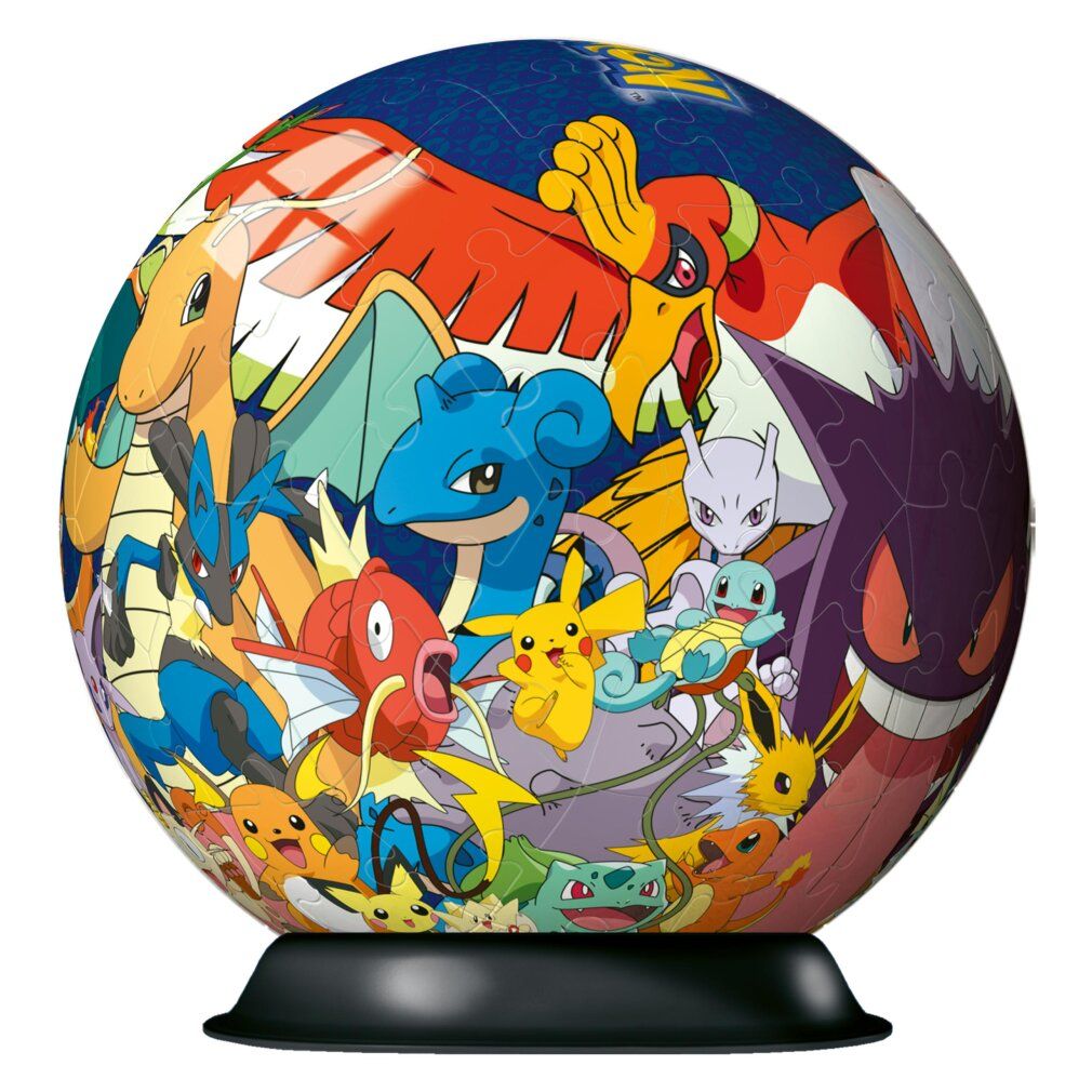 Puzzle 3D-Ball Pokémon, forma sferica, personaggi Pokémon. Base nera. Senza confezione.