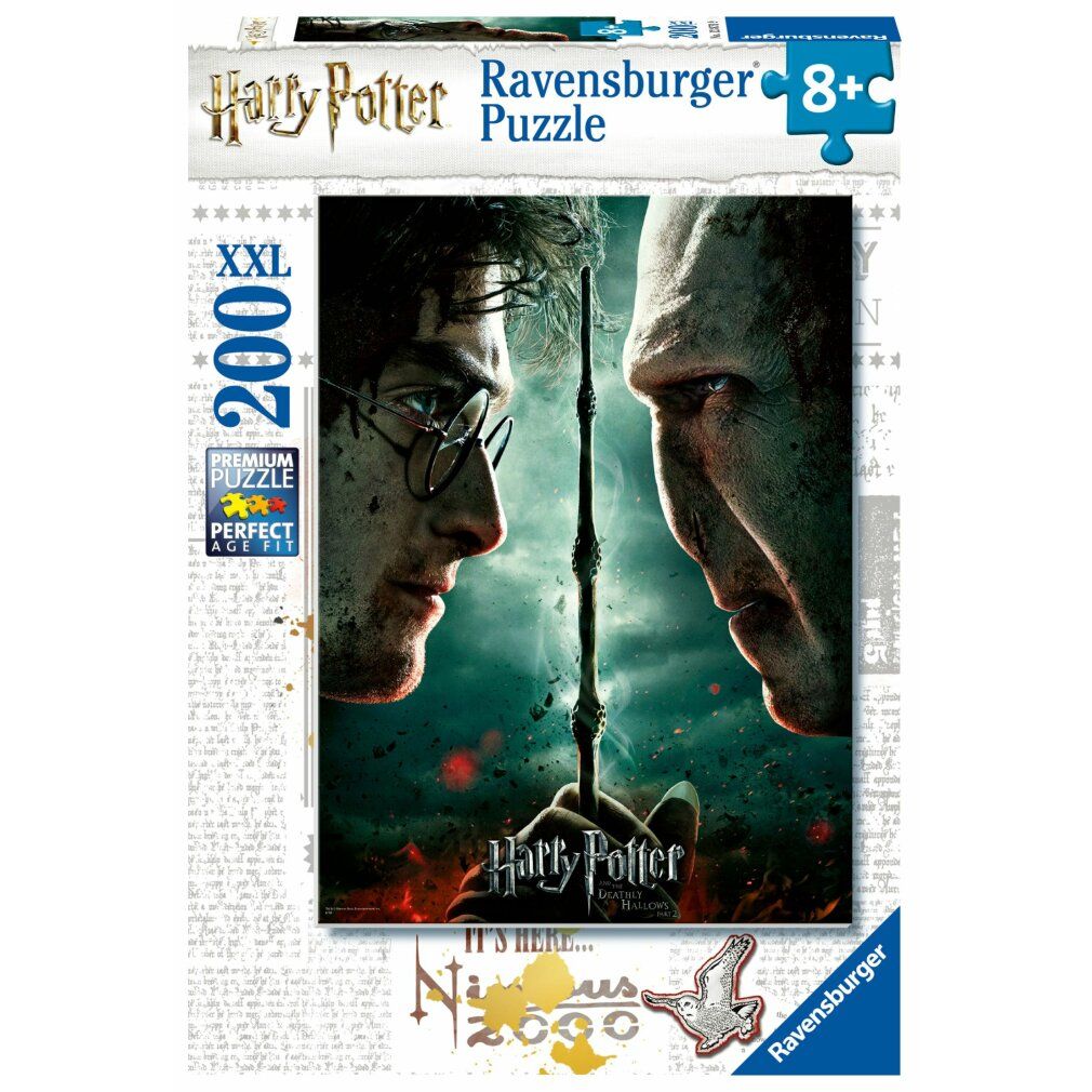 Scatola puzzle Harry Potter. Scritte: Harry Potter, Ravensburger, 8+, XXL 200 pezzi. Immagine di Harry e Voldemort.