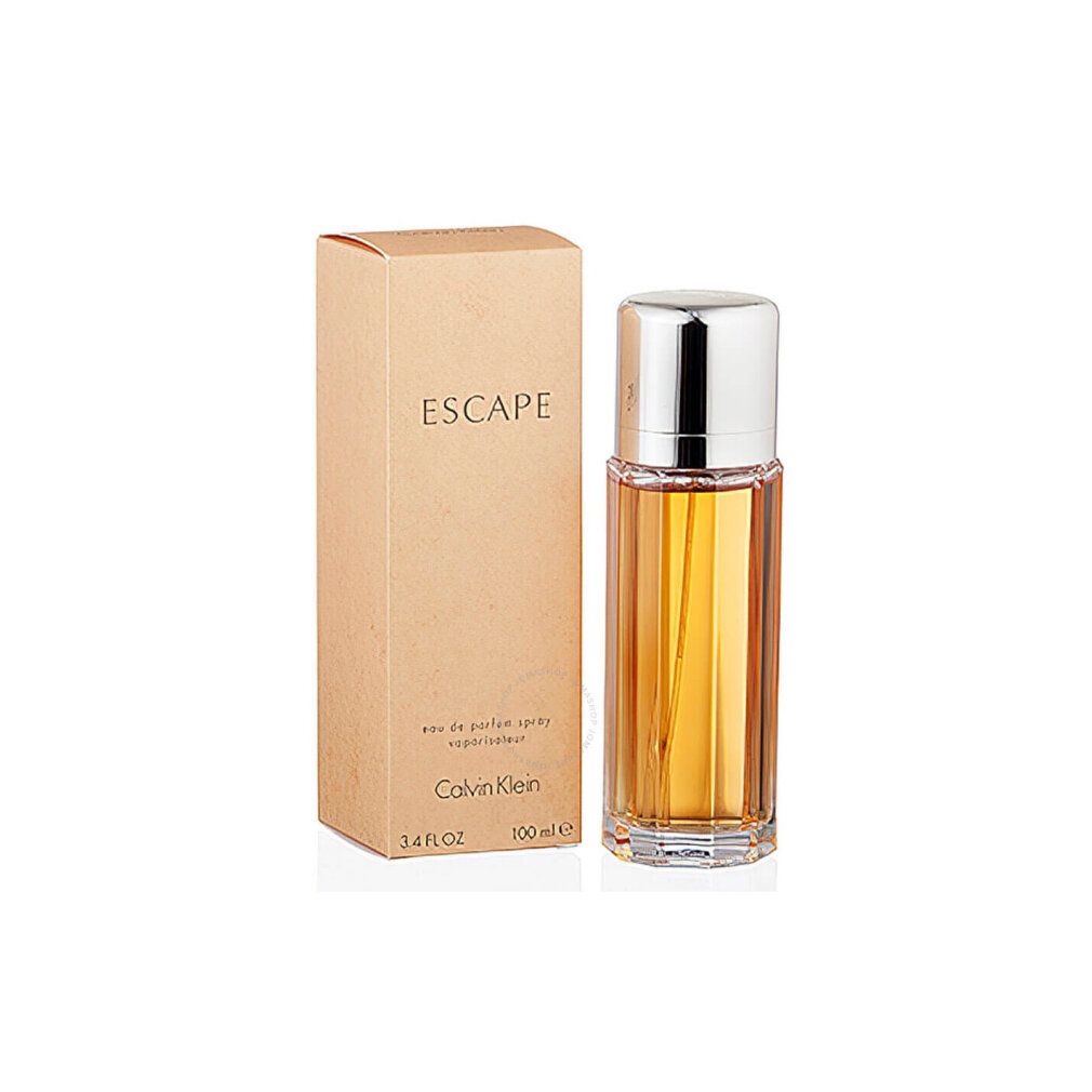 Flacone di profumo e confezione. Flacone con tappo argentato e liquido ambrato. Confezione con "ESCAPE" e "Calvin Klein".