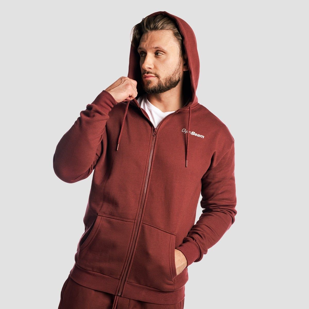 GymBeam Felpa uomo oversize con cappuccio zip tasche Zone Cherrywood