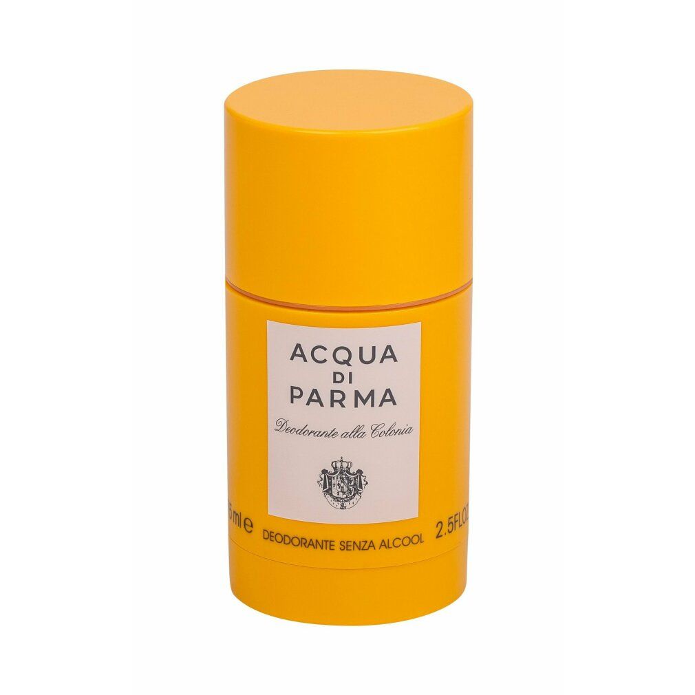 Stick deodorante giallo con etichetta bianca. Scritta: ACQUA DI PARMA, Deodorante senza Alcool. Logo e scritta PARMA (ITALY).