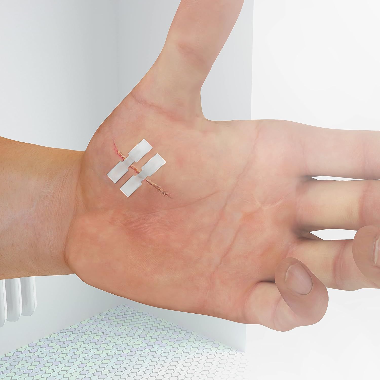 Palmo della mano con due strisce sutura a farfalla Cutiderm per la cura delle ferite.