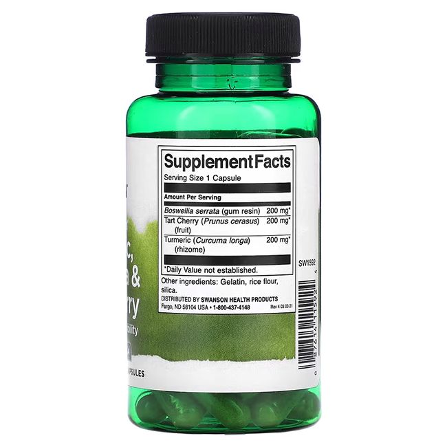 Flacone verde con capsule. Retro con informazioni nutrizionali. Ingredienti: Boswellia, Ciliegia, Curcuma.