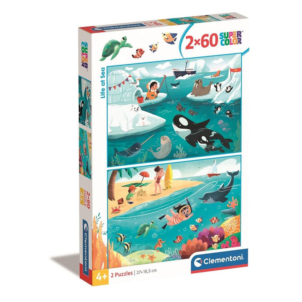 Scatola puzzle con due puzzle da 60 pezzi. Tema: Vita marina. Marchio: Clementoni. Animali marini e paesaggio di spiaggia illustrati.