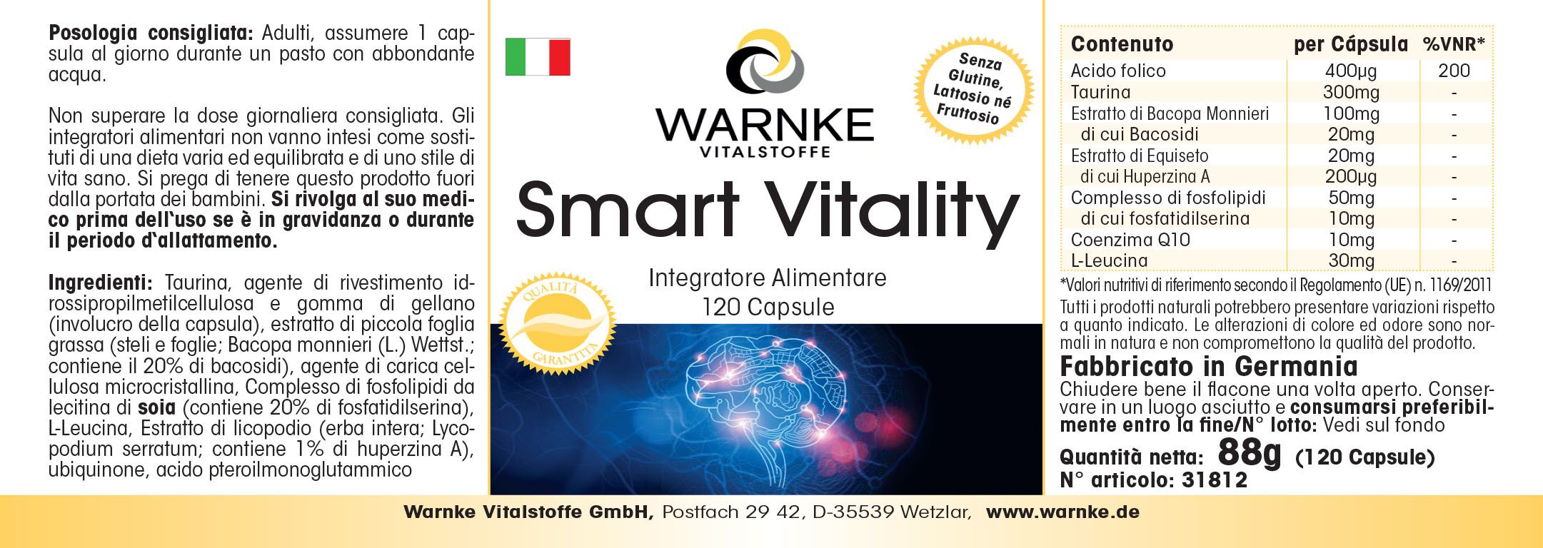 Etichetta con informazioni sul prodotto. Warnke Vitalstoffe, Smart Vitality, 120 capsule. Senza glutine, lattosio e fruttosio. Ingredienti.