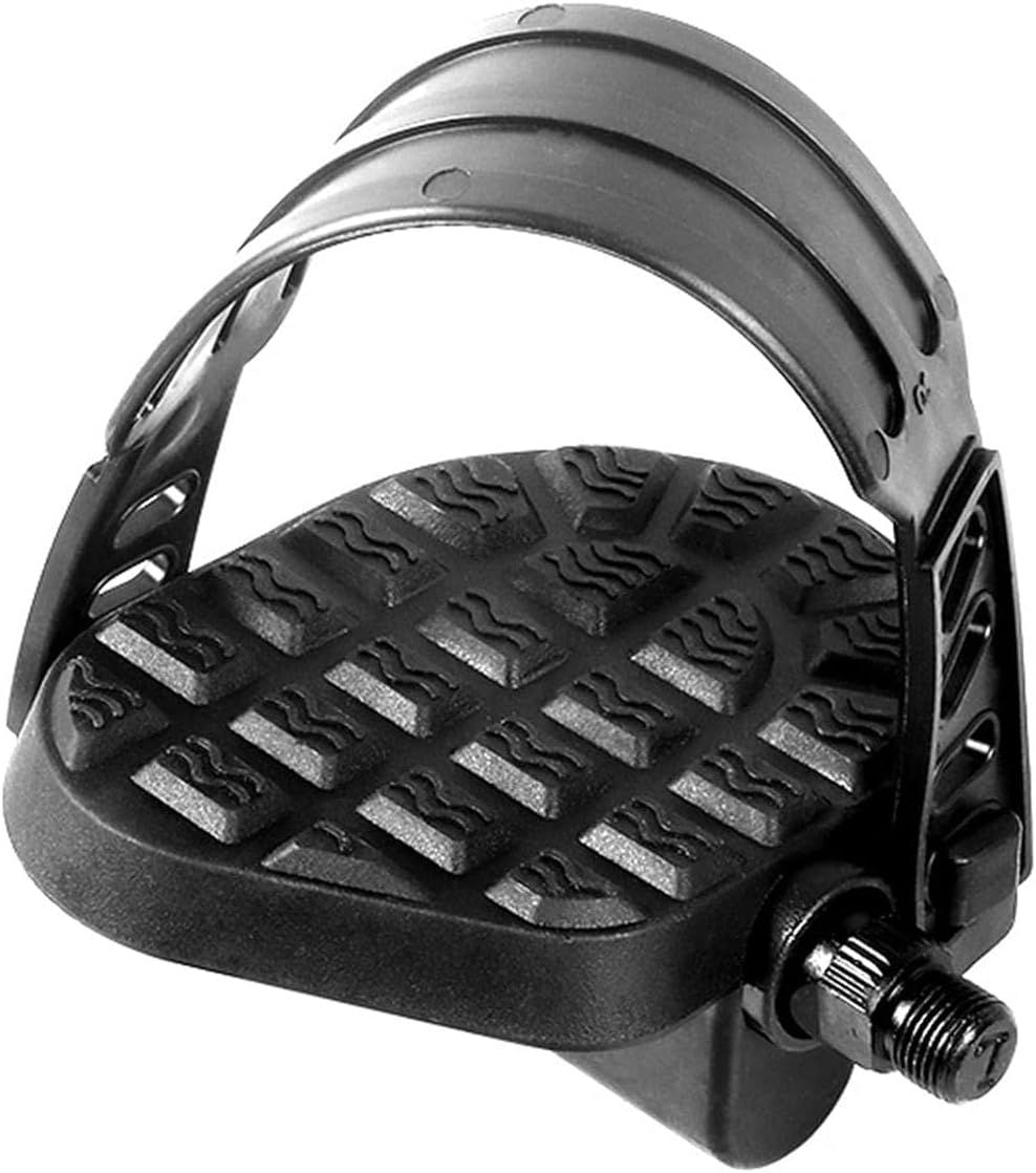 Pedale per bicicletta nero con cinghia e superficie antiscivolo. Filettatura 9/16 pollici (14 mm).