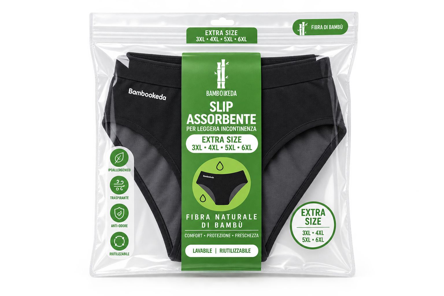 Slip neri Bambookeda da donna in confezione, taglia XL, lavabili e riutilizzabili.