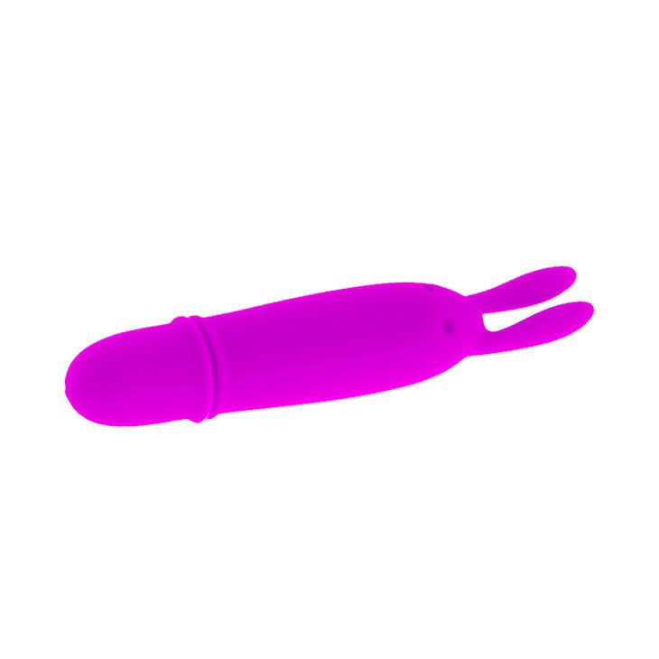 Vibratore coniglio viola in silicone, sdraiato su un lato, con due orecchie e un'estremità arrotondata.