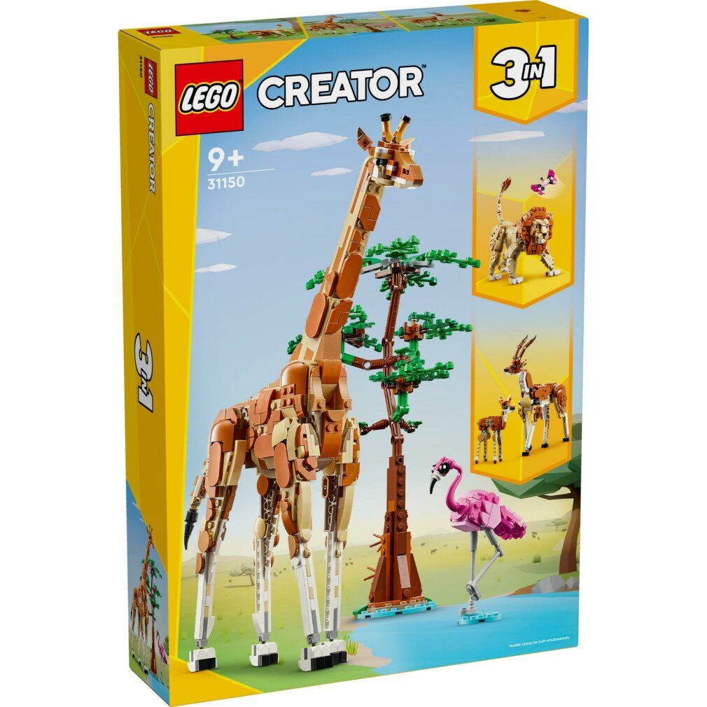 Set LEGO Creator 3in1 giraffa. Include giraffa, albero, fenicottero e confezione. Scatola giallo-verde con immagini del prodotto.