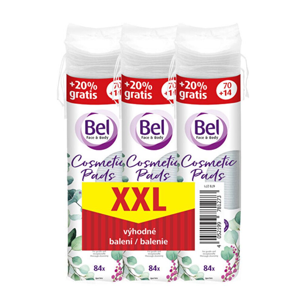 Confezione di Bel Cosmetic Pads. Tre confezioni di dischetti bianchi. Scritta: XXL, confezione vantaggiosa. Design verde-viola.