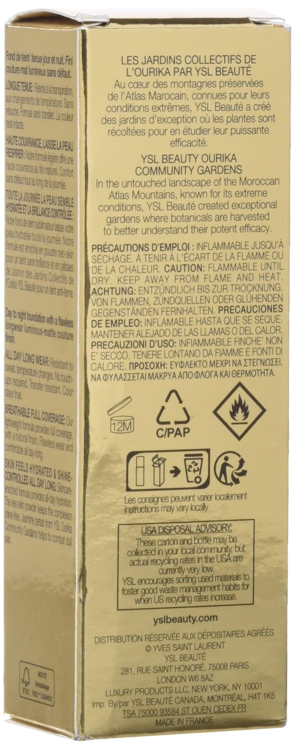 Yves Saint Laurent All Hours Foundation. Scatola con testo. Scritta: YSL BEAUTÉ. Testo in più lingue.