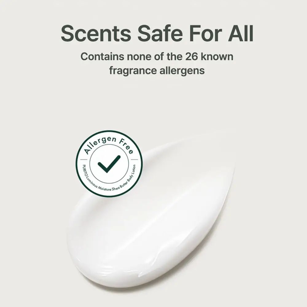Macchia di crema bianca con cerchio verde. Testo: Allergen Free. Scritta: Purito Luminous Moisture Shea Butter Body Lotion.