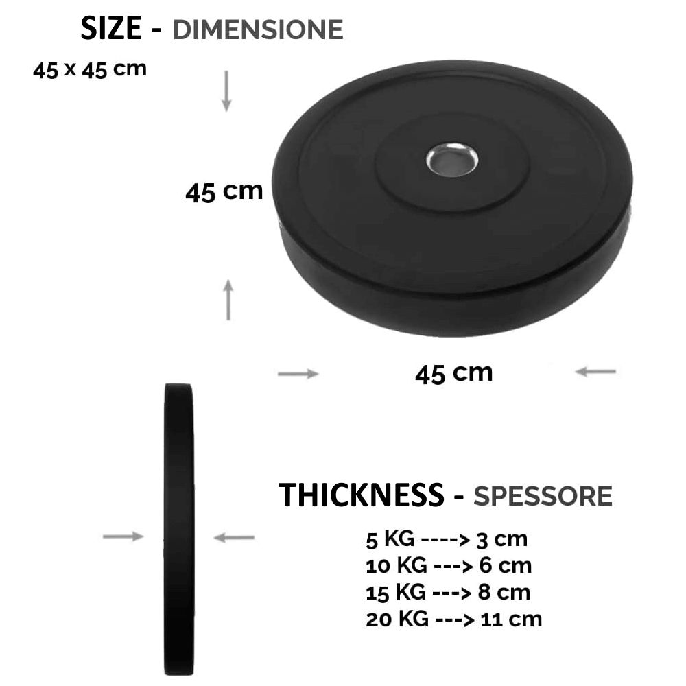 Disco di peso nero. Dimensioni: 45 x 45 cm. Spessore: 5 KG -> 3 cm, 10 KG -> 6 cm, 15 KG -> 8 cm, 20 KG -> 11 cm.