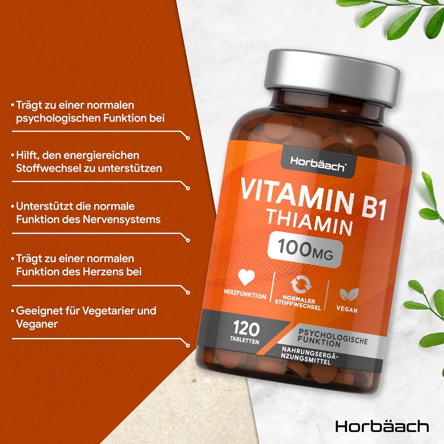 Flacone di compresse Horbaach Vitamina B1 Tiamina. Etichetta arancione con testo bianco. 120 compresse, 100mg. Vegan.