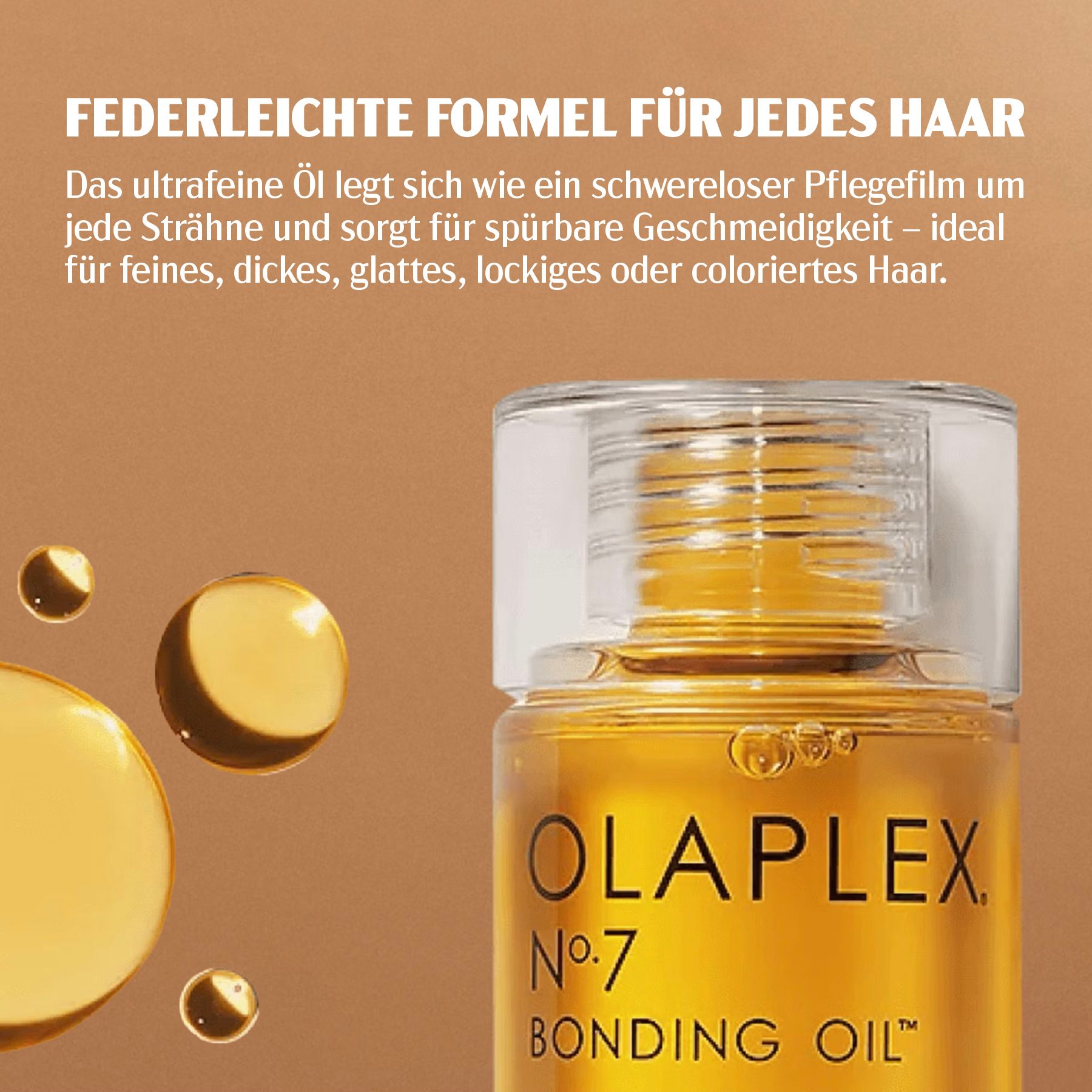 Primo piano di una bottiglia di olio per capelli giallo. Scritta: OLAPLEX Nr.7 Bonding Oil. Con gocce d'olio.