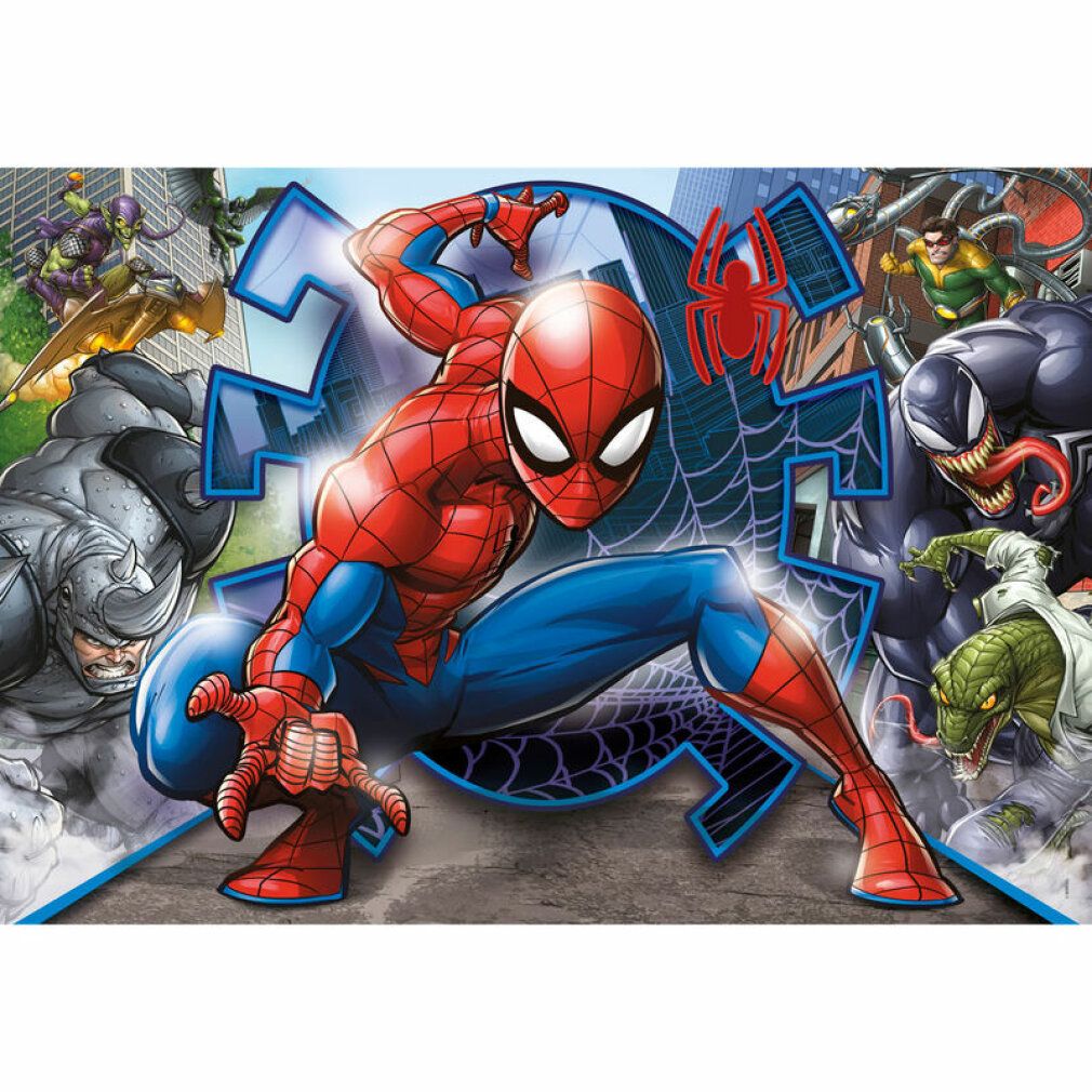 Motivo del puzzle di Spiderman. Spiderman in costume rosso e blu. Nemici sullo sfondo. Simbolo del web.