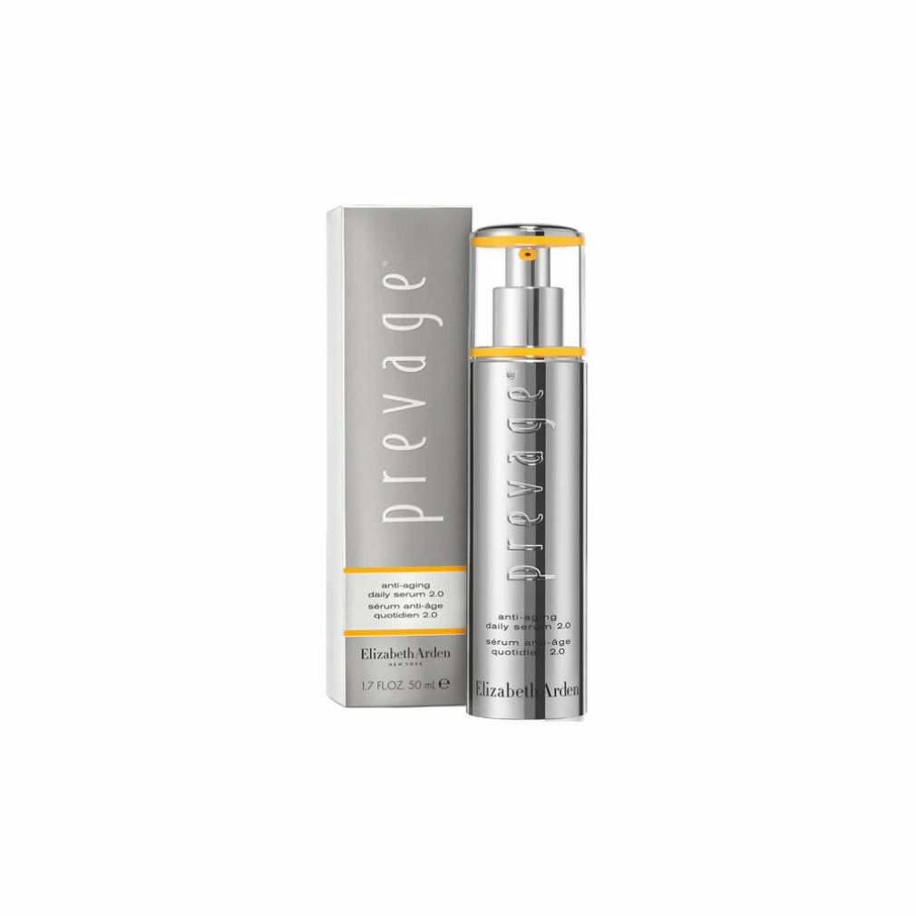 Confezione prodotto con flacone. Flacone argento, dettagli gialli. Scritta: Prevage, anti-aging daily serum 2.0, Elizabeth Arden.