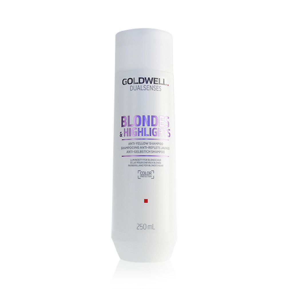 Goldwell Blondes & Highlights Shampoo antigiallo. Flacone bianco, testo viola. 250 ml. Sigillo Color.