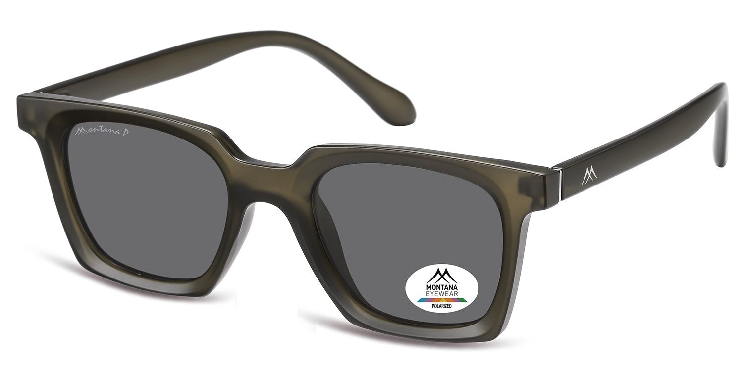 Occhiali da sole con lenti quadrate e montatura grigia. Logo Montana Eyewear sulla stanghetta e adesivo sulla lente.