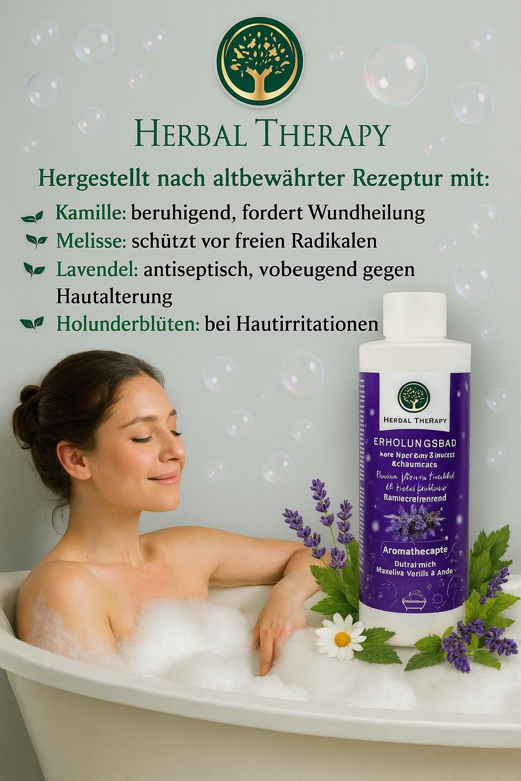 Donna in vasca da bagno con schiuma. Flacone Herbal Therapy bagno rilassante. Erbe e fiori accanto alla vasca. Testo: camomilla, melissa, lavanda, fiori di sambuco.