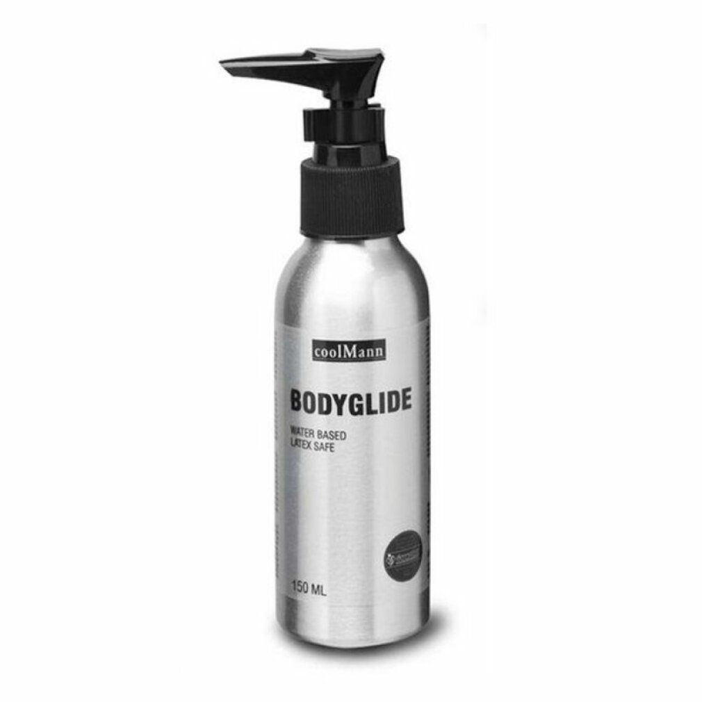 Flacone argento con erogatore nero. Scritta: Coolmann Bodyglide, a base d'acqua, senza lattice. 150 ml.