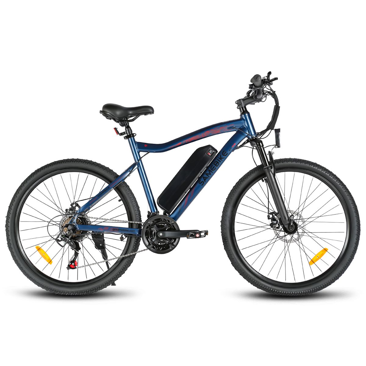 E-bike blu con telaio nero, batteria, faro e portapacchi. Riflettori gialli sulle ruote.