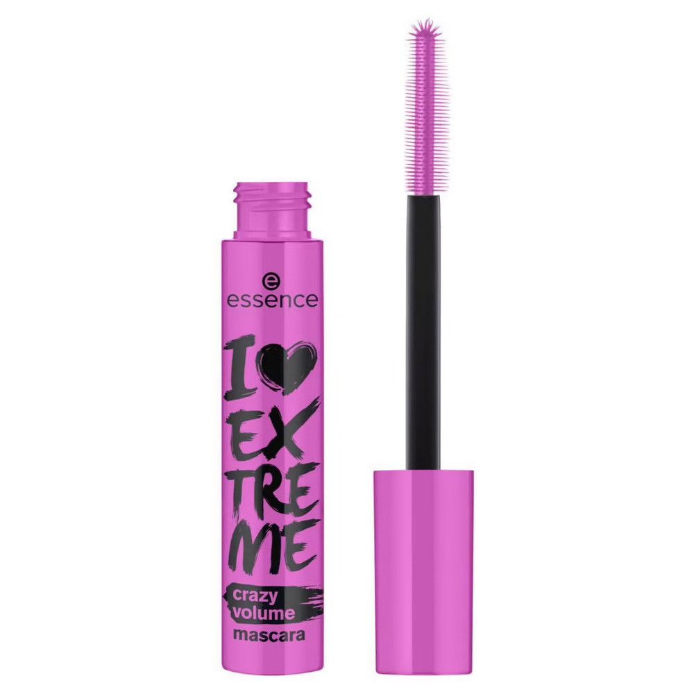 Mascara Essence I LOVE EXTREME, tubo rosa con testo nero. Spazzola estratta. Spazzola nera, setole rosa.