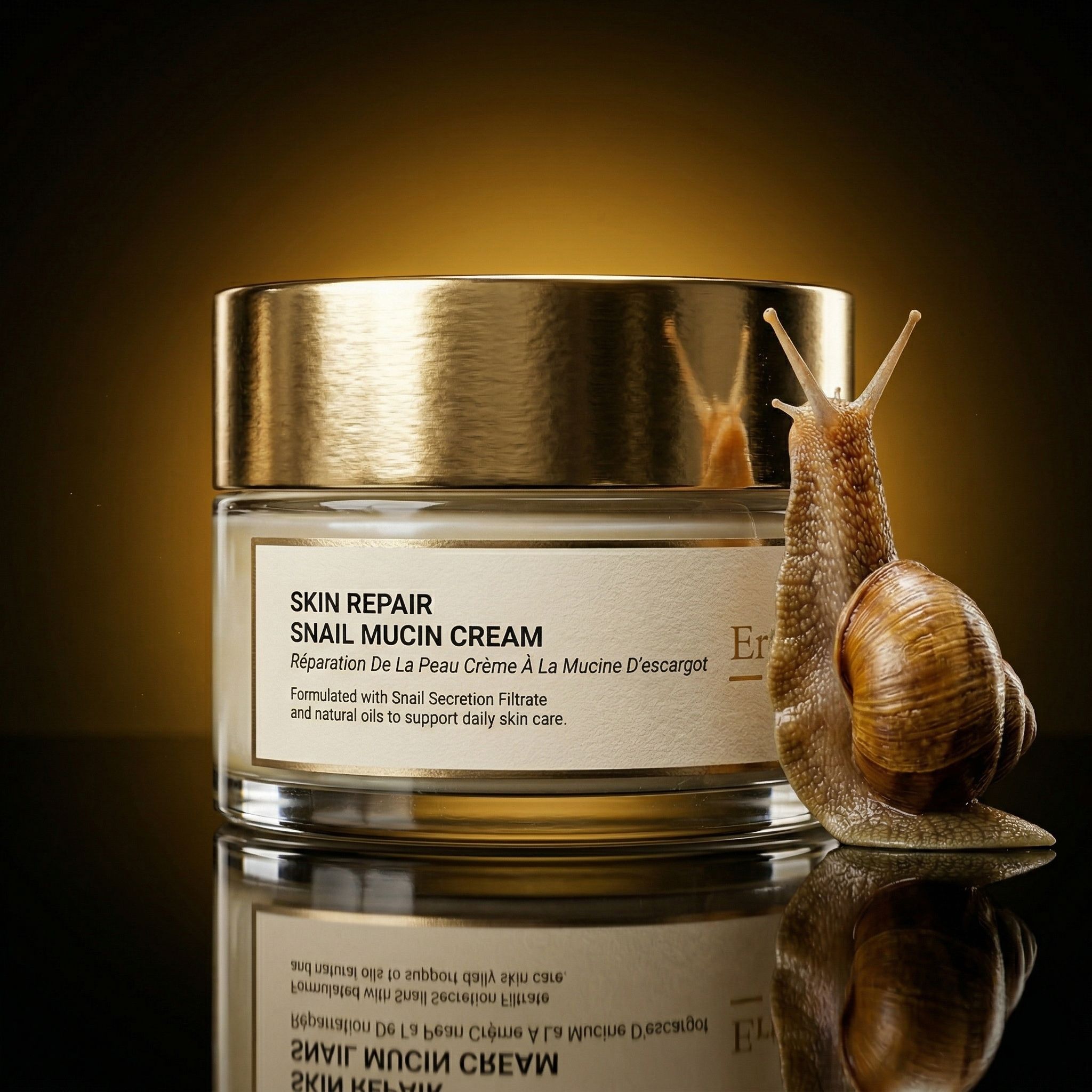 Vasetto di vetro con coperchio dorato e lumaca. Scritta: Skin Repair Snail Mucin Cream. Marchio: ErthSkin London.