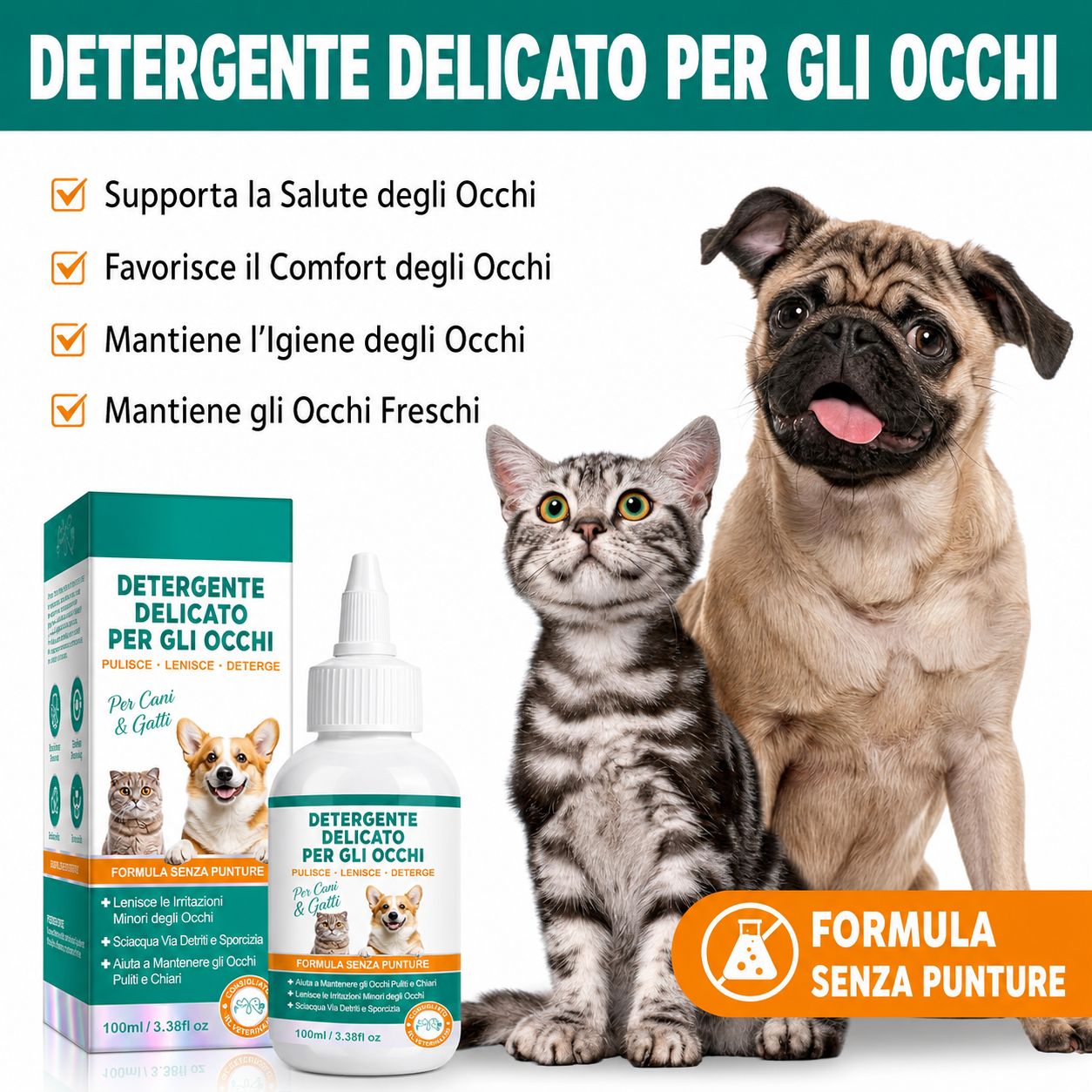 Flacone e confezione di lavaggio oculare. Cani e gatti raffigurati. Testo: Detergente Delicato Per Gli Occhi. Formula senza punture.