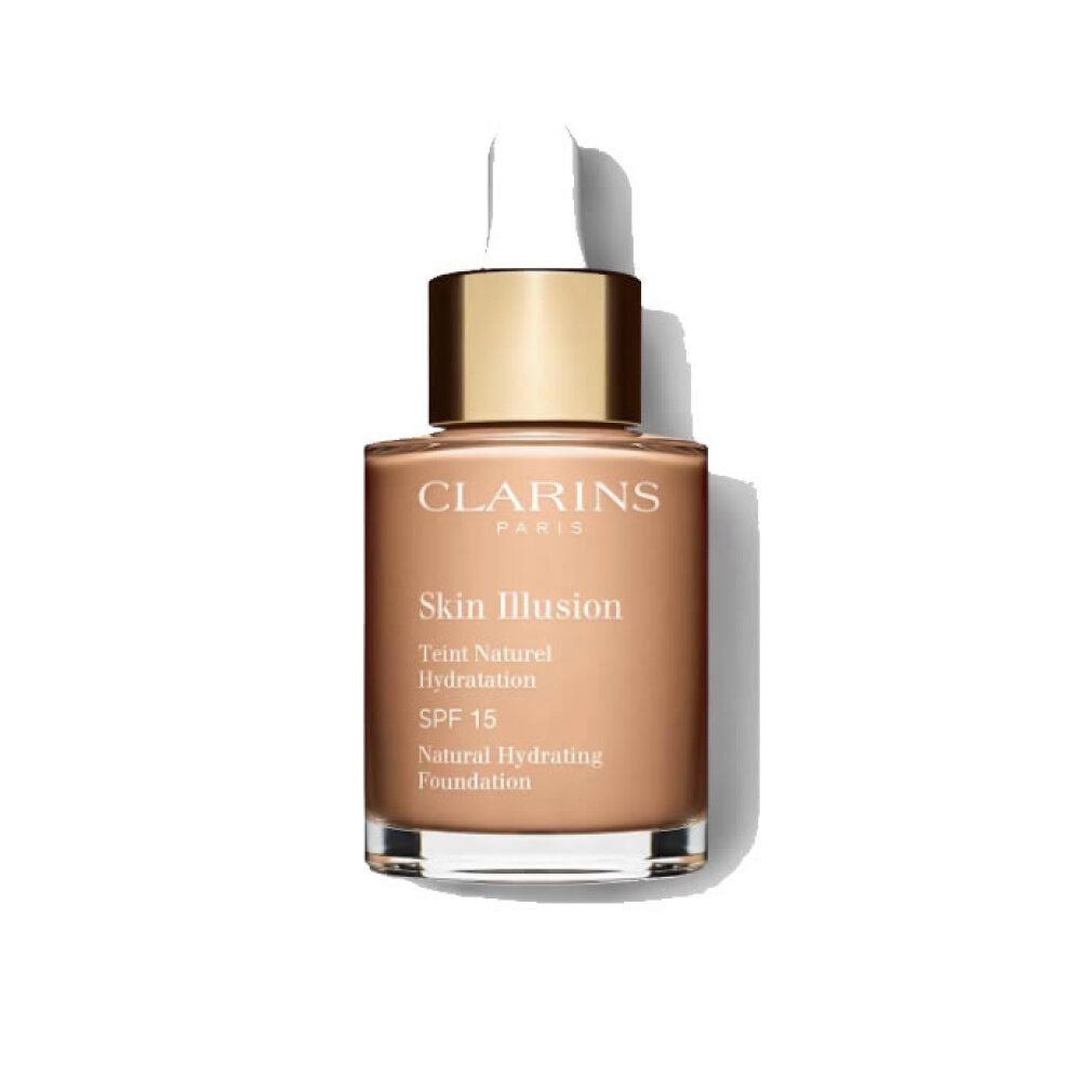 Flacone di fondotinta Clarins Skin Illusion, SPF 15, tonalità 108 Sand. Con contagocce e tappo dorato. Scritte visibili.
