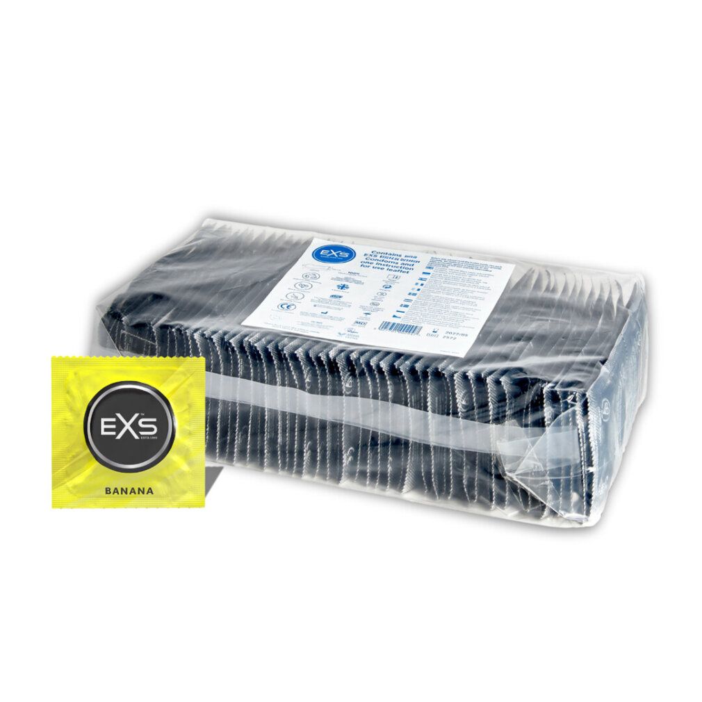 Confezione grande di preservativi EXS Banana, confezionati singolarmente.