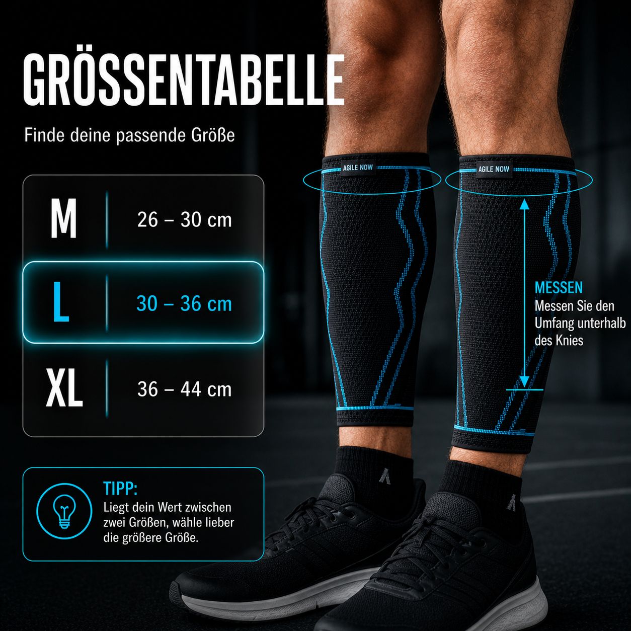 Tabella taglie M, L, XL. Bendaggi per polpacci neri con linee blu. Istruzioni di misurazione sotto il ginocchio.