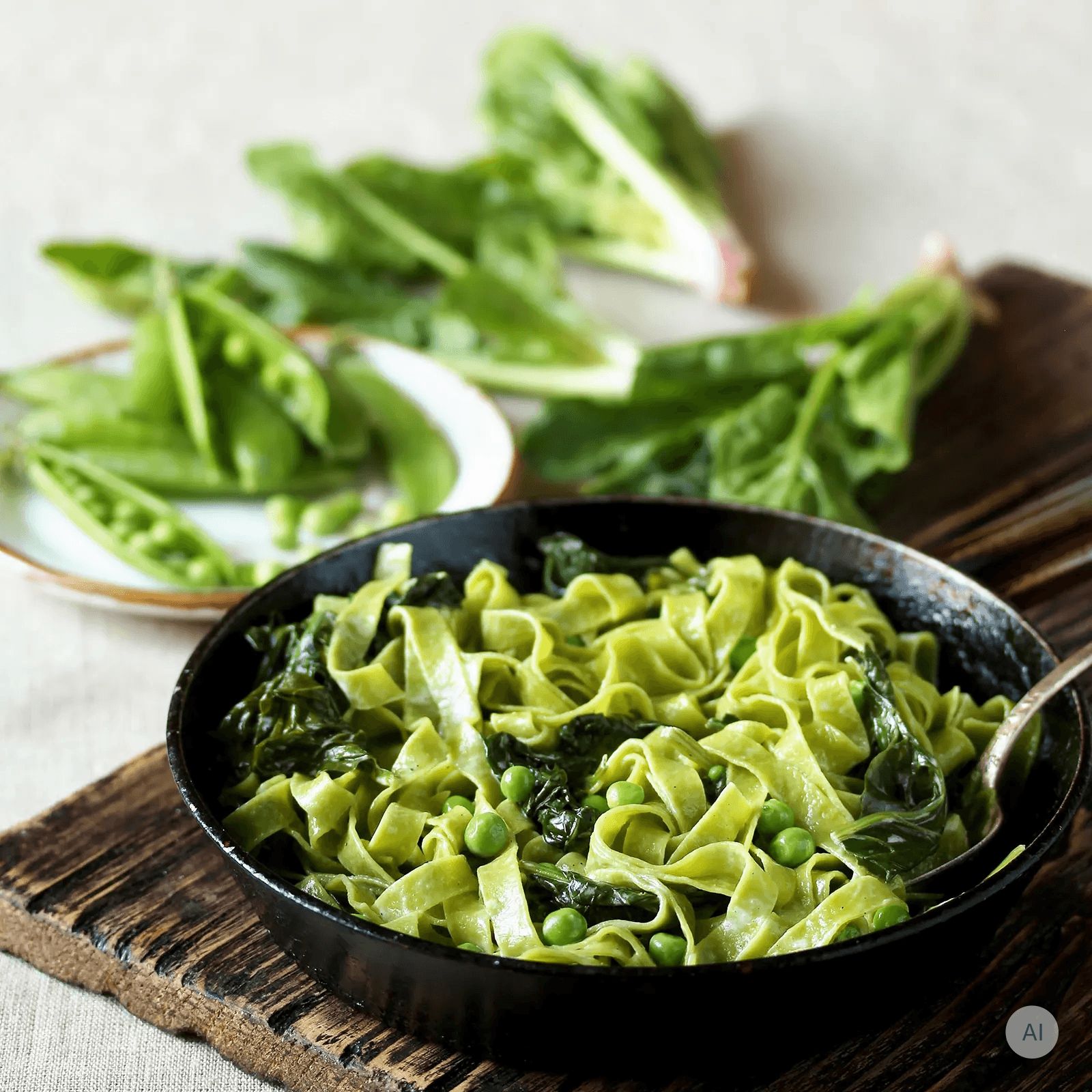 Suggerimento di presentazione: Tagliatelle verdi con spinaci e piselli in una padella, con foglie di spinaci fresche accanto.
