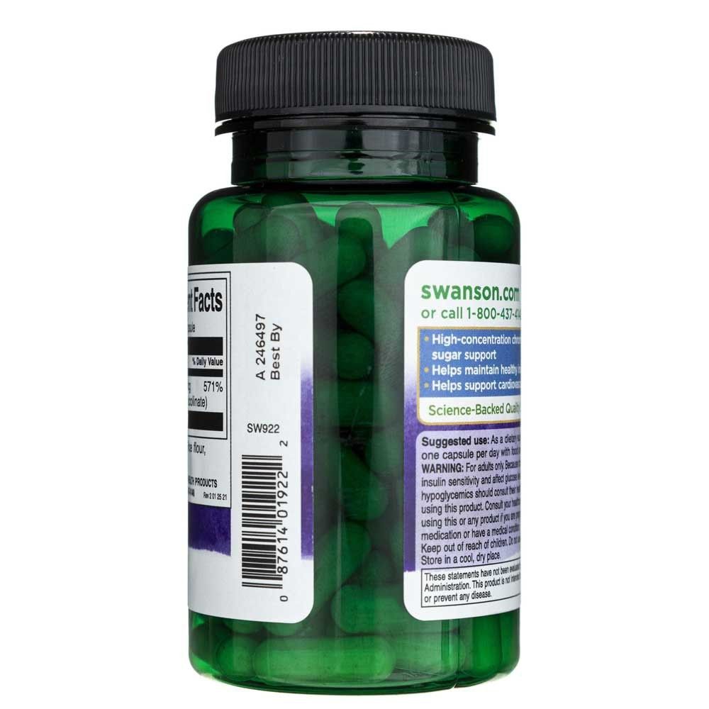 Retro della bottiglia Swanson Chromium Picolinate con istruzioni per l'uso.