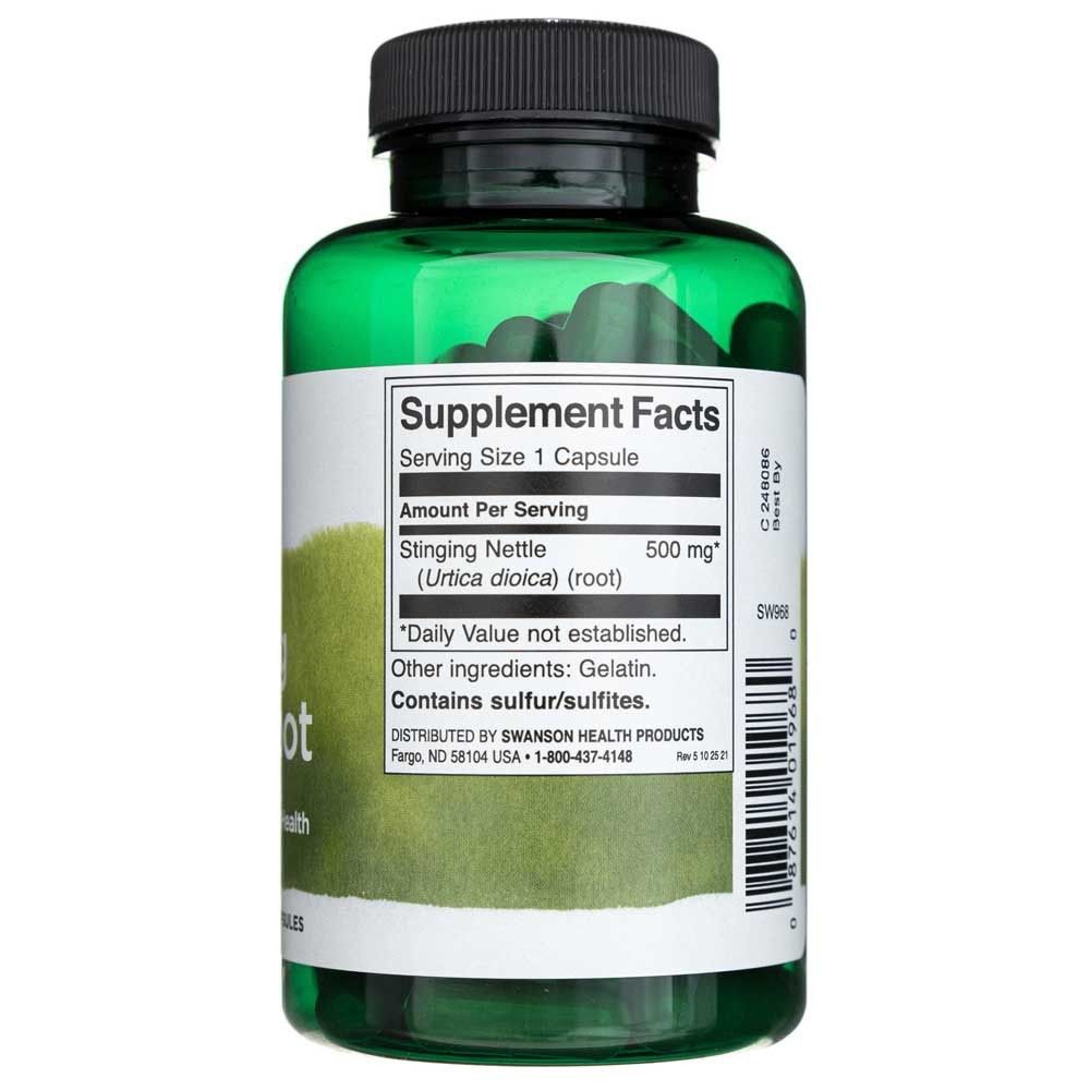 Capsula verde con etichetta "Supplement Facts" che indica Radice di ortica (Urtica dioica) 500 mg per capsula.
