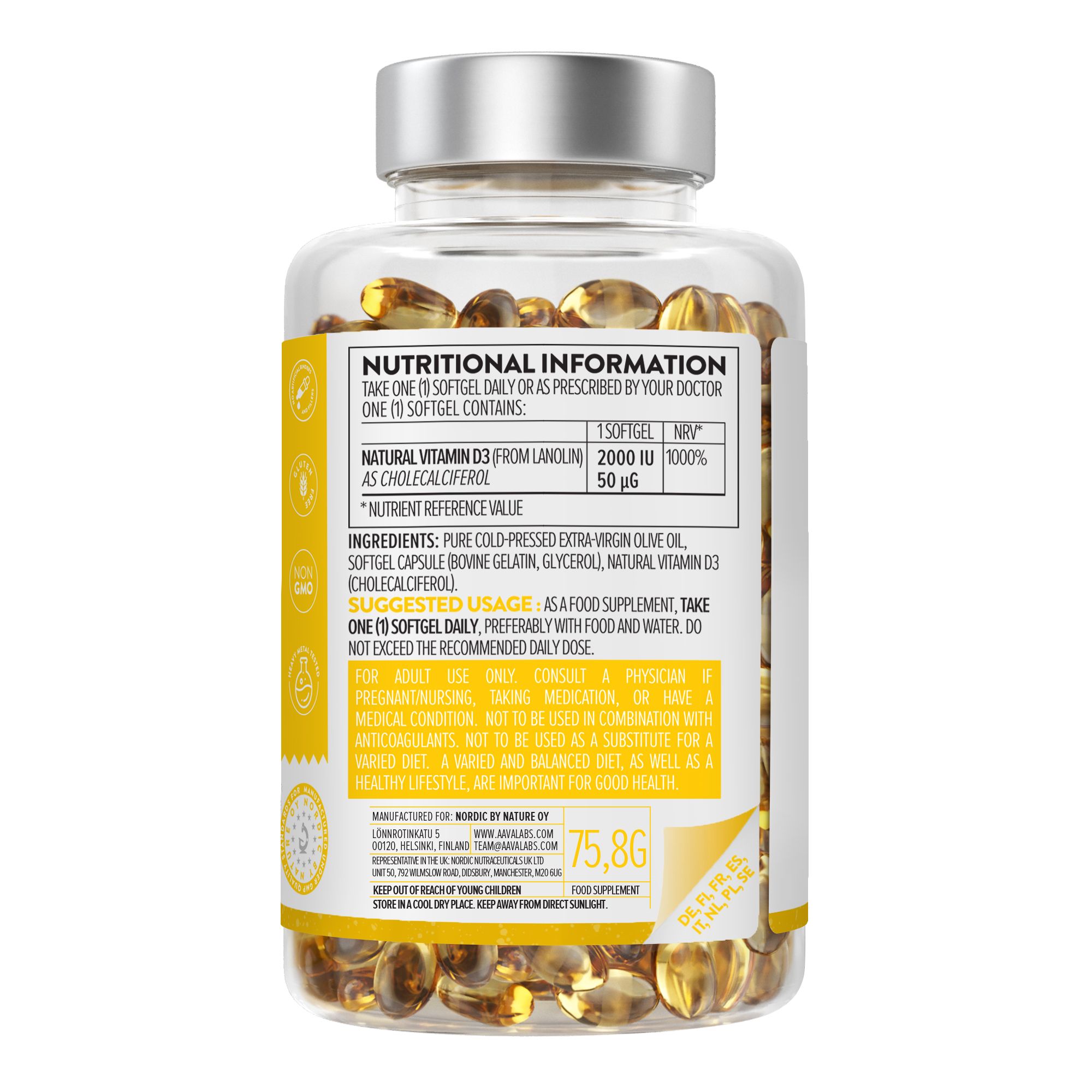 Aavalabs Vitamina D3 - 2000UI – Alta dose con olio d'oliva extravergine