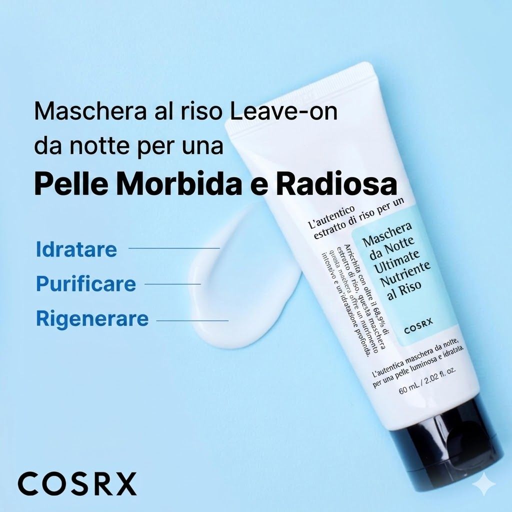 Tubo bianco con tappo nero. Scritta blu: Ultimate Nourishing Rice Overnight Spa Mask. Marchio COSRX. Prodotto applicato.