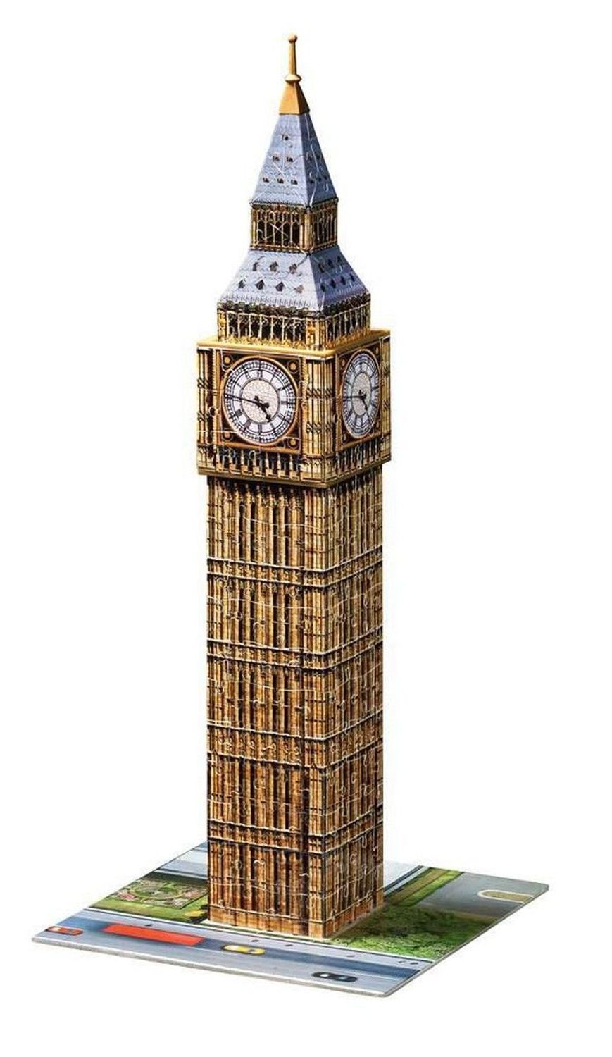 Puzzle 3D Big Ben assemblato. Torre con orologio, su una base. Elementi dorati e grigi. Senza colla.
