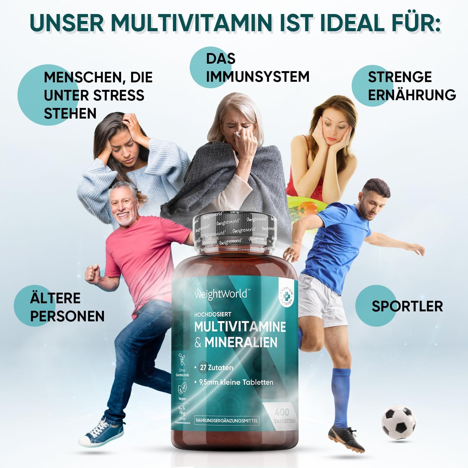 Flacone marrone WeightWorld Multivitamine & Minerali. Persone stressate, sistema immunitario, dieta rigorosa, sportivi.