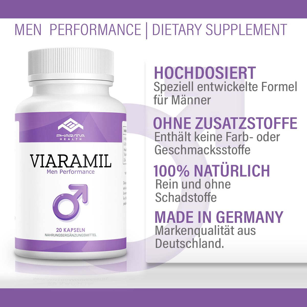 Flacone bianco, etichetta viola. Scritta: Viaramil Men Performance, 20 capsule. Logo: Pharma Health. Testo: 100% naturale, Made in Germany.